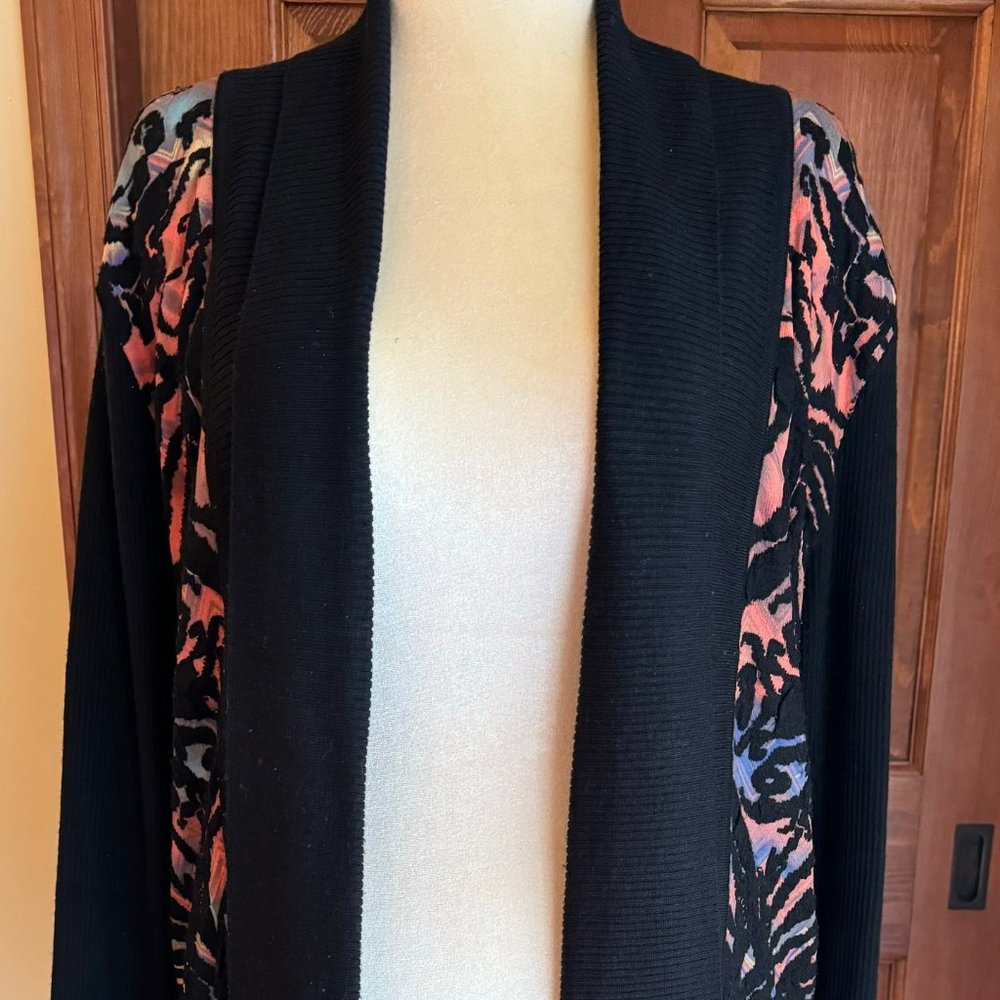 Alberto Makali Wool Blend Black/Multi LS Cardigan Open Front Sweater, SZ L